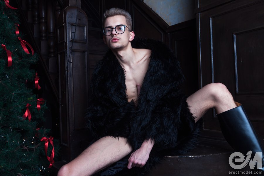 Gay twink boy nude in fur coat