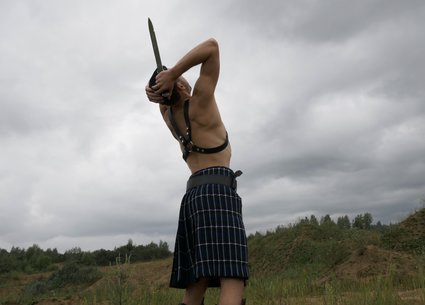 Porn kilt warrior masturbation of penis with big glans