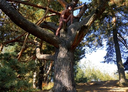 Nude male nature photoshoot with kinky gay ass tattoo