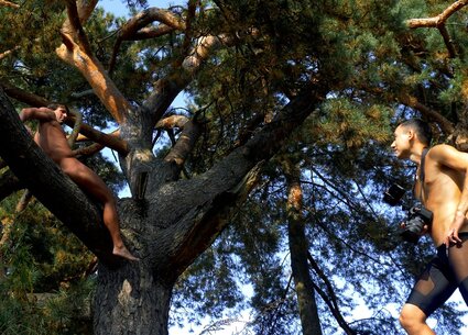 Nude male nature photoshoot with kinky gay ass tattoo
