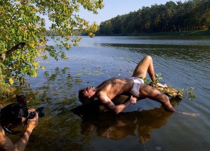 Nude male nature photoshoot with kinky gay ass tattoo