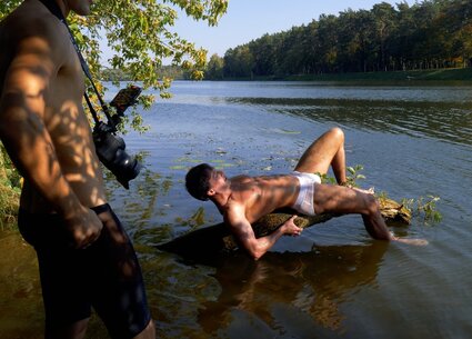 Nude male nature photoshoot with kinky gay ass tattoo