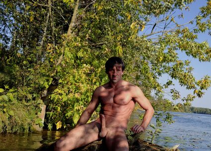 Nude male nature photoshoot with kinky gay ass tattoo