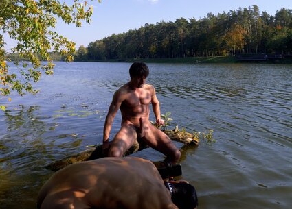 Nude male nature photoshoot with kinky gay ass tattoo