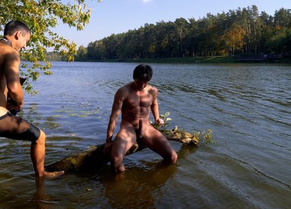 Nude male nature photoshoot with kinky gay ass tattoo