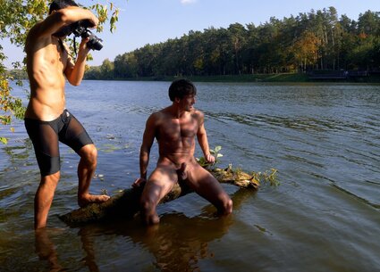 Nude male nature photoshoot with kinky gay ass tattoo