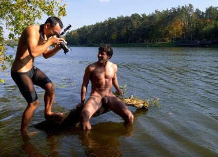 Nude male nature photoshoot with kinky gay ass tattoo