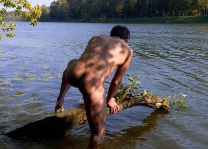 Nude male nature photoshoot with kinky gay ass tattoo