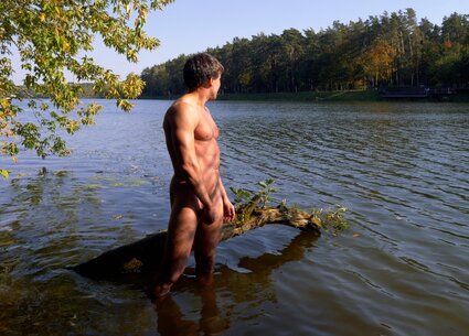 Nude male nature photoshoot with kinky gay ass tattoo