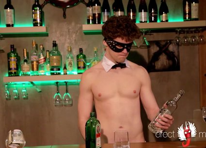 Cute young bartender flashing his tiny twink penis