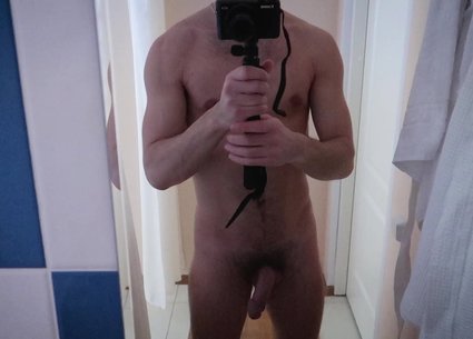 Guy naked selfie video with wet hard cock